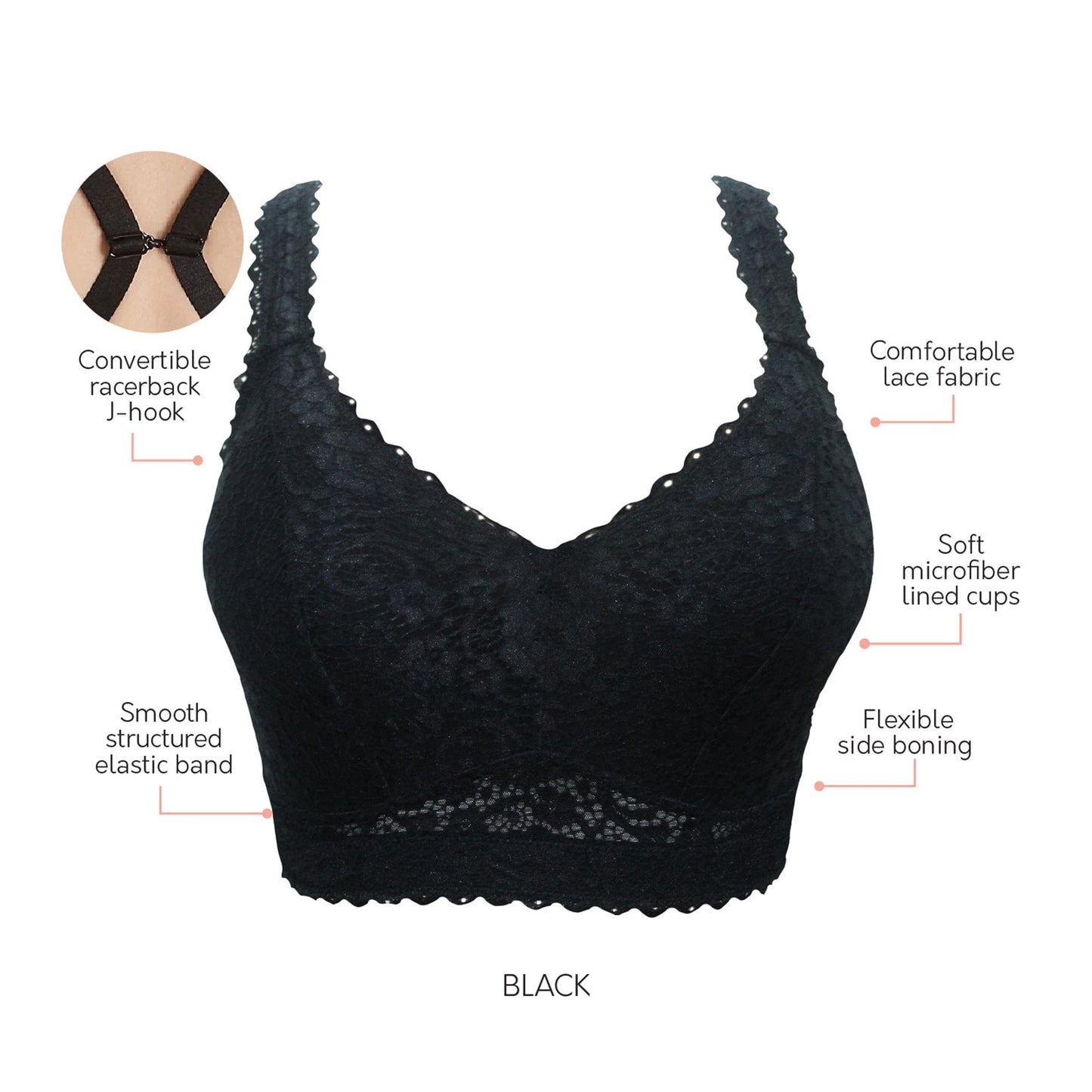 Adriana Curvy and Full Bust Supportive Wire-free Lace Bra  - Black