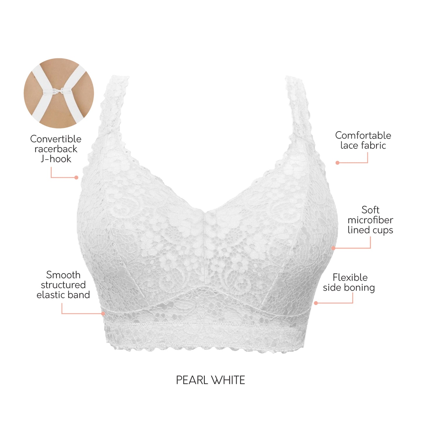 Adriana Curvy and Full Bust Supportive Wire-free Lace Bra  - Pearl white