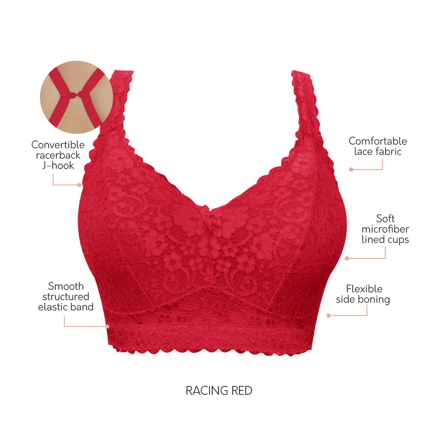 Adriana Curvy and Full Bust Supportive Wire-free Lace Bra  - Racing red