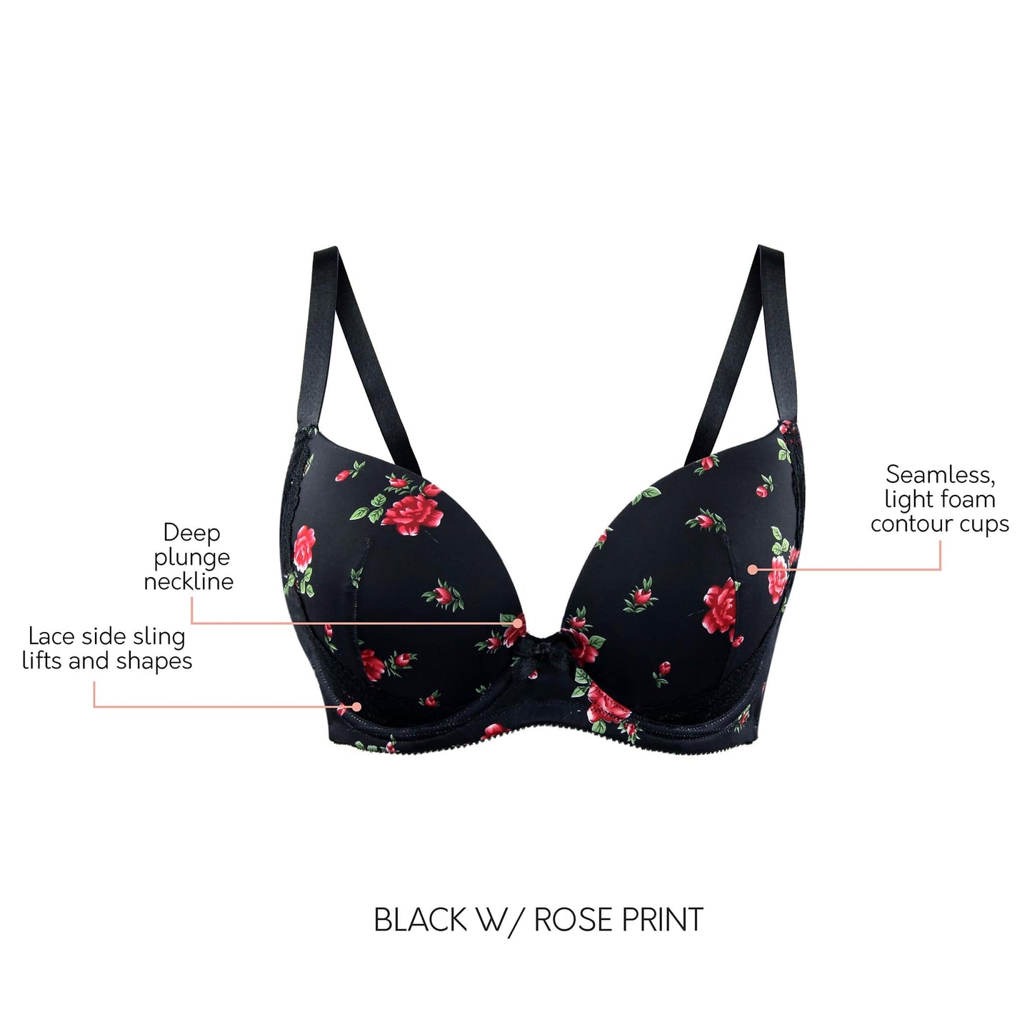 Casey Wired Padded Plunge Seamless T-shirt Bra - Black w/ Rose Print