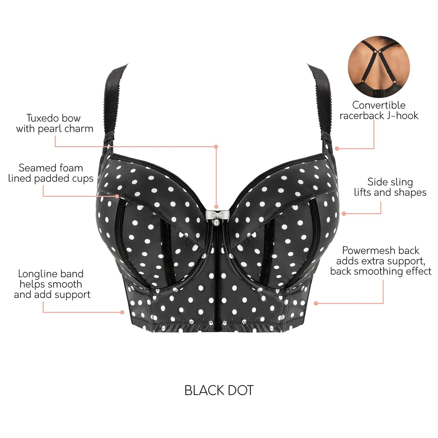 Charlotte Longline Full Bust Padded Bra  - Black Dot
