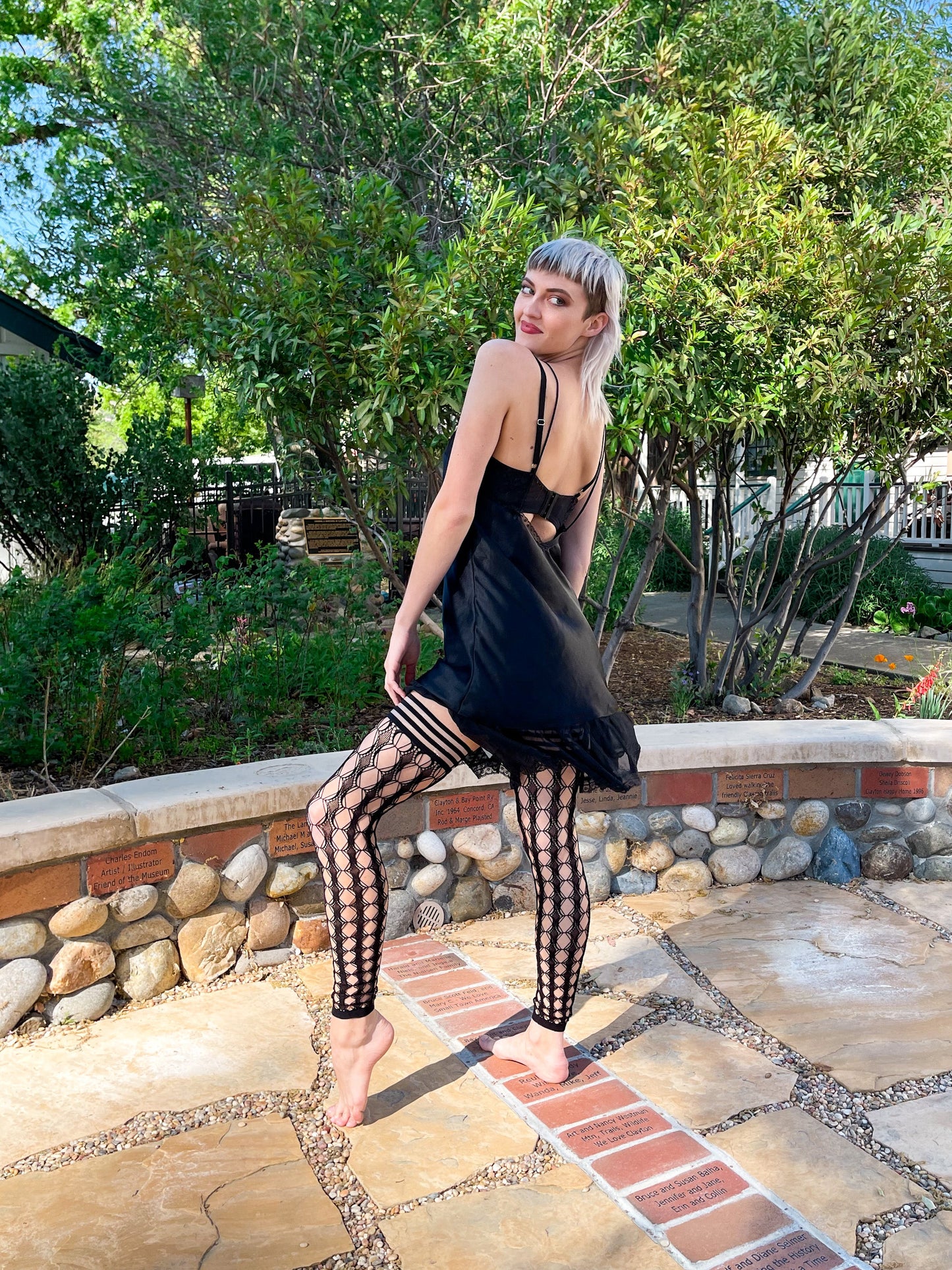 Jo: Footless Black Circle Fishnet Thigh Highs