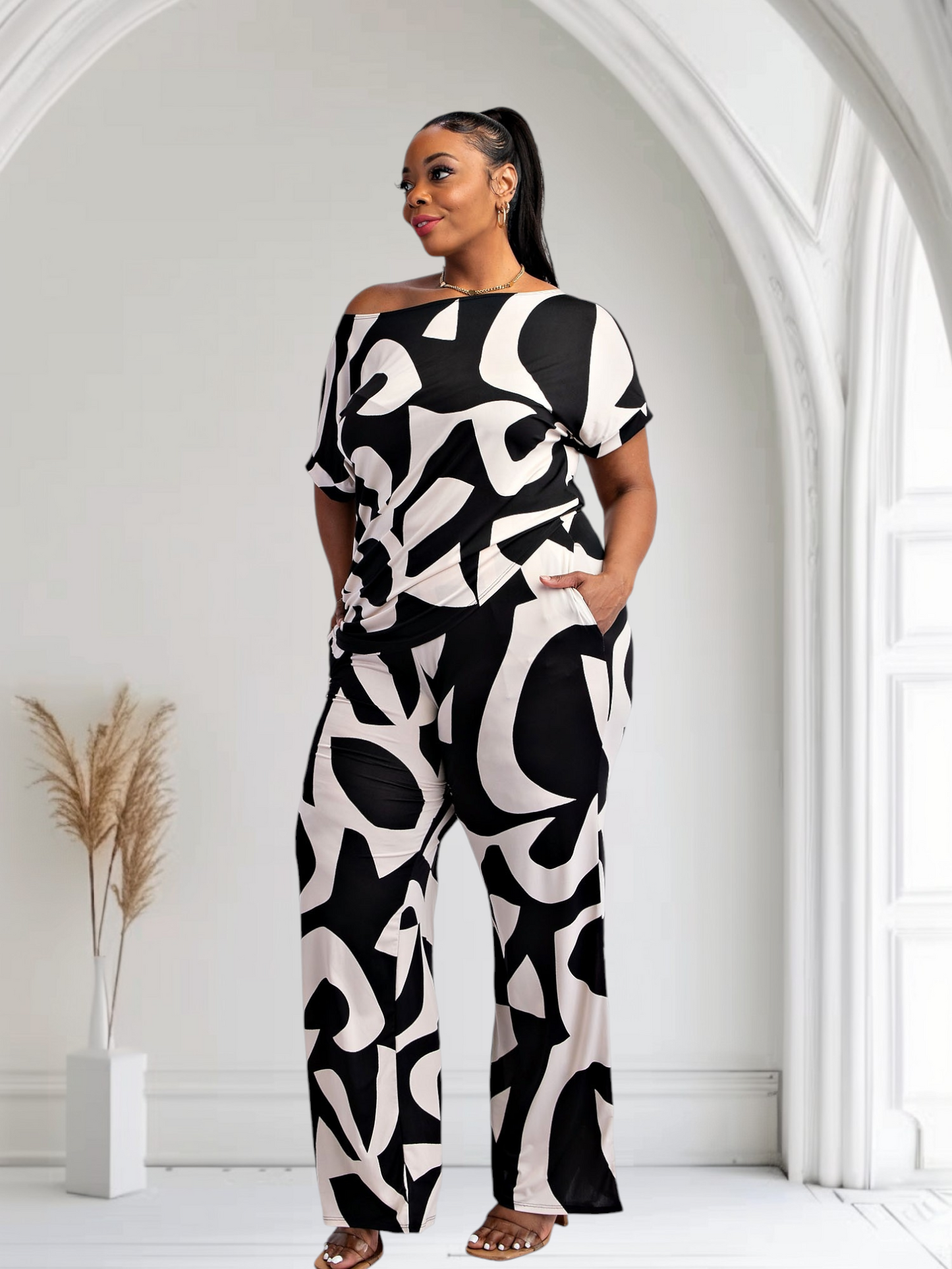 Lori Print Black and White Matching Pants Set With Pockets