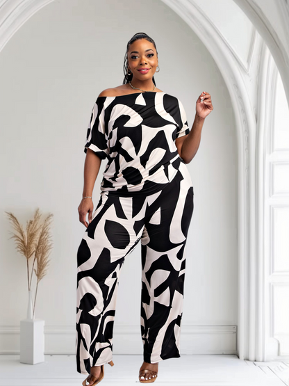 Lori Print Black and White Matching Pants Set With Pockets