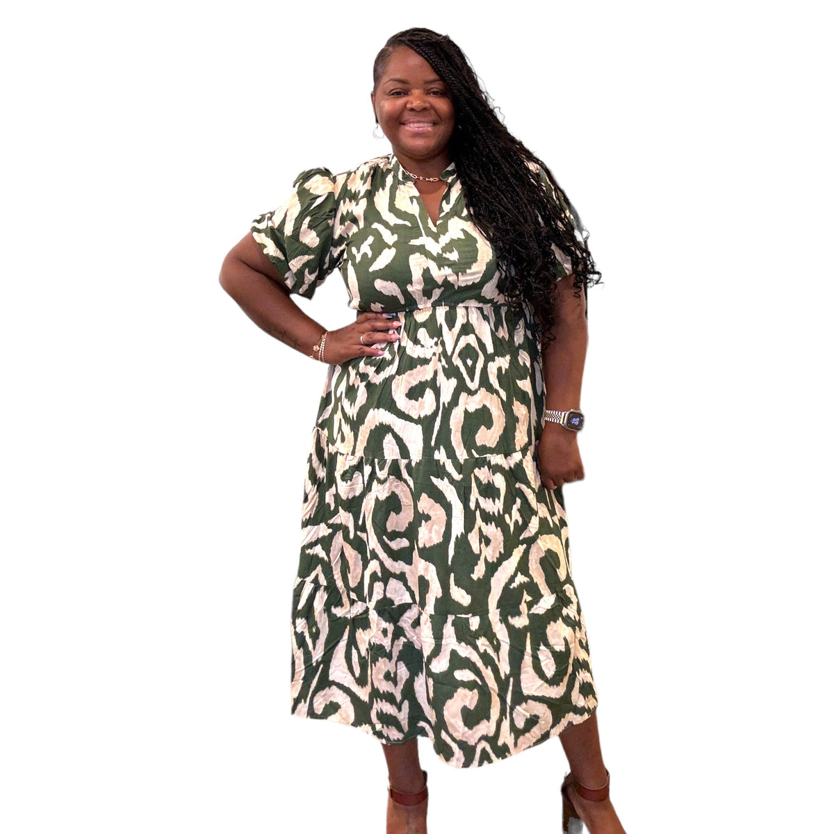 Linen Olive and Cream Maxi Dress