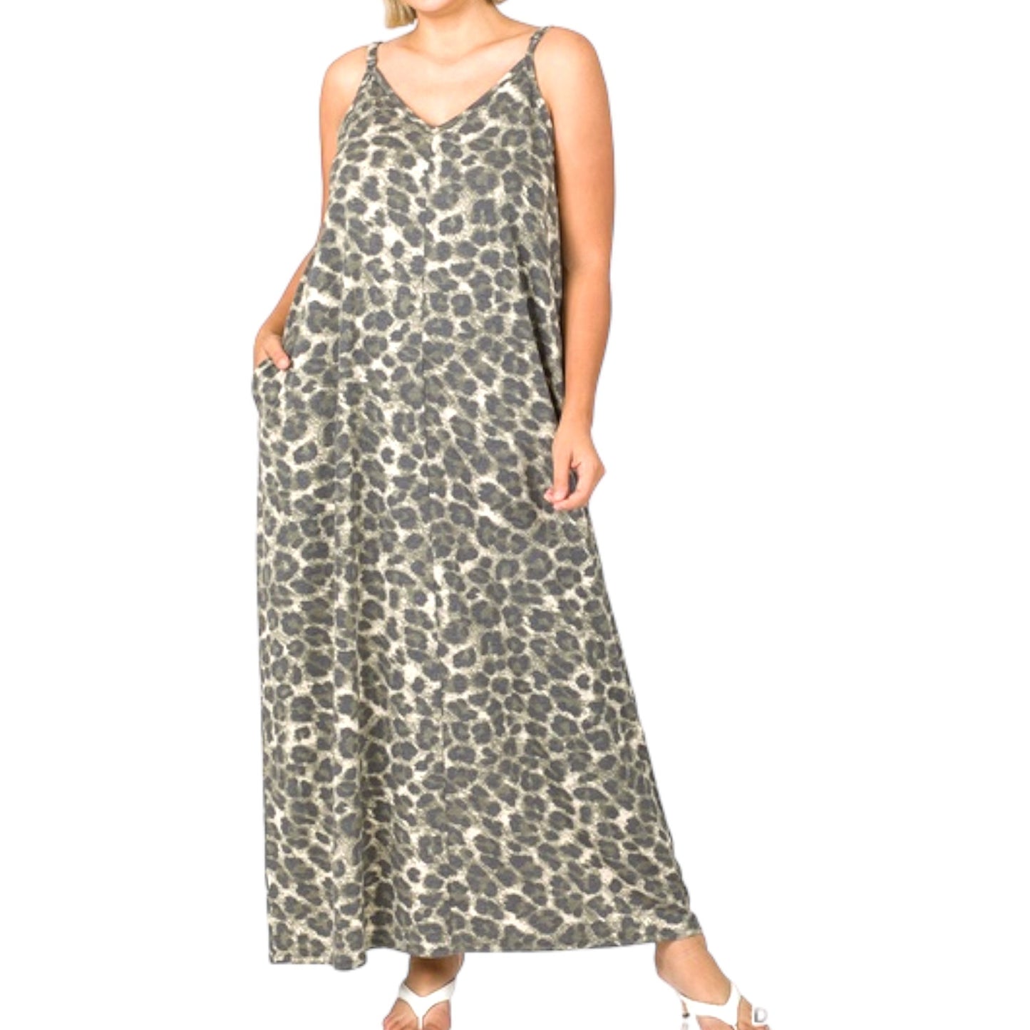 Leopard Print Adjustable Strap Maxi Dress
