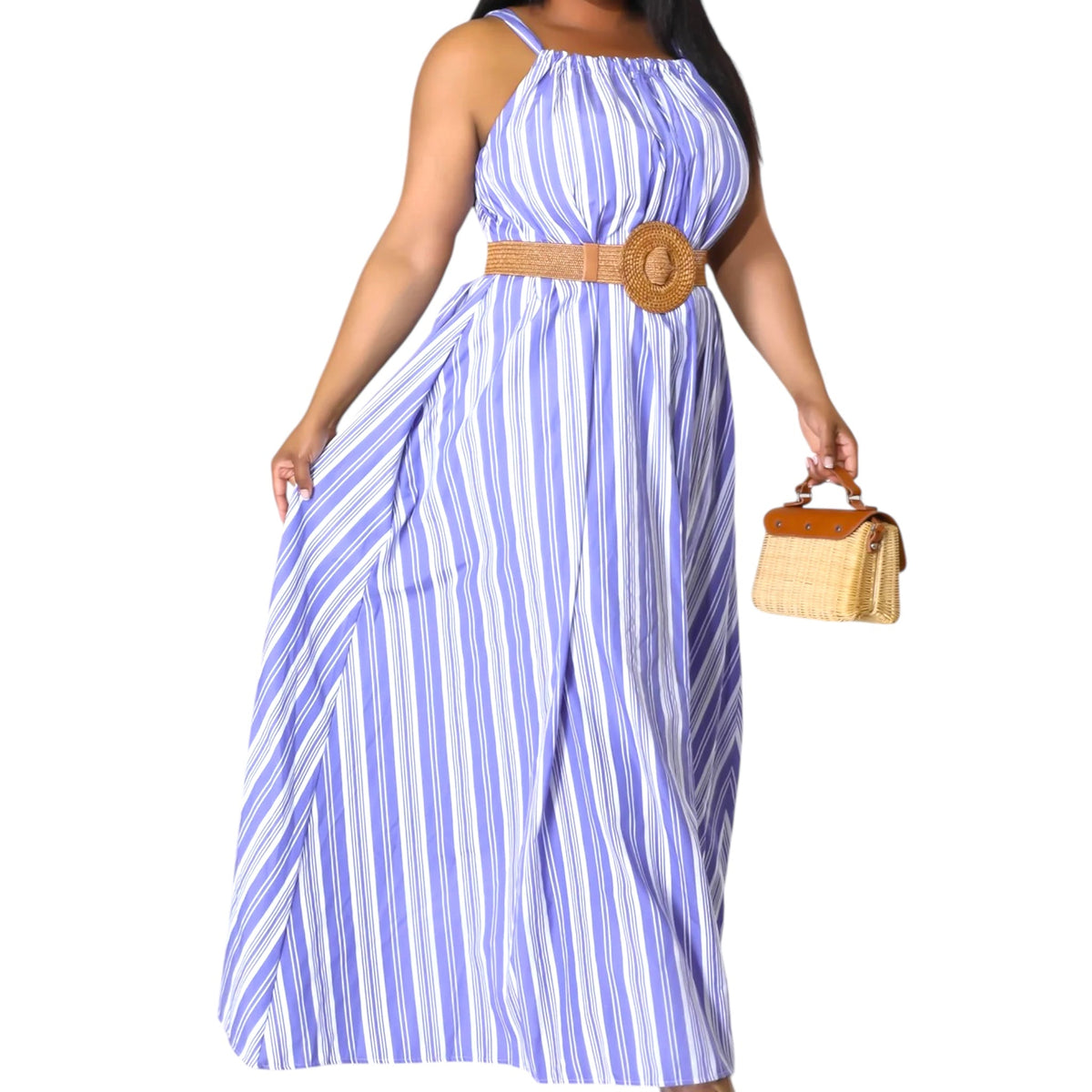Blue And White Striped Tie Back Maxi Dress