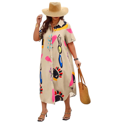 Allover Print Button Up Loose Fit Dress