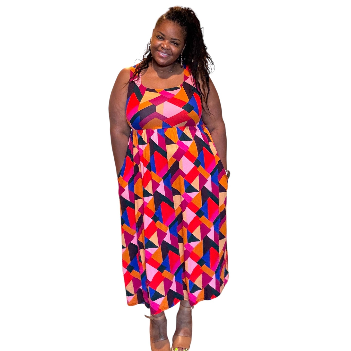 Fit And Flare Midi Dress W/ Side Pockets