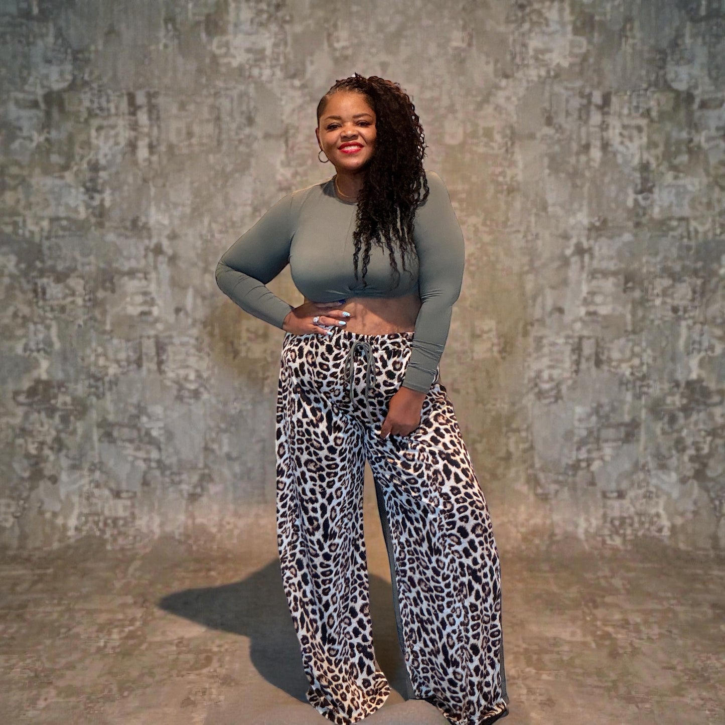 Long Sleeve Top And Wide Leg Lepard Print Pants Set