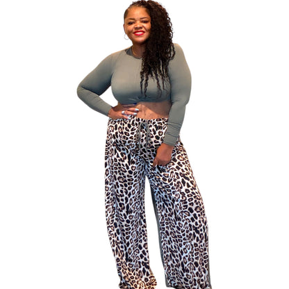 Long Sleeve Top And Wide Leg Lepard Print Pants Set