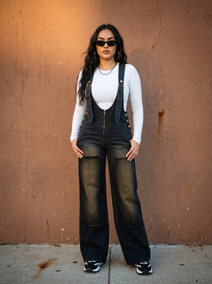 Urban Noir Denim Overalls Black Jumpsuit