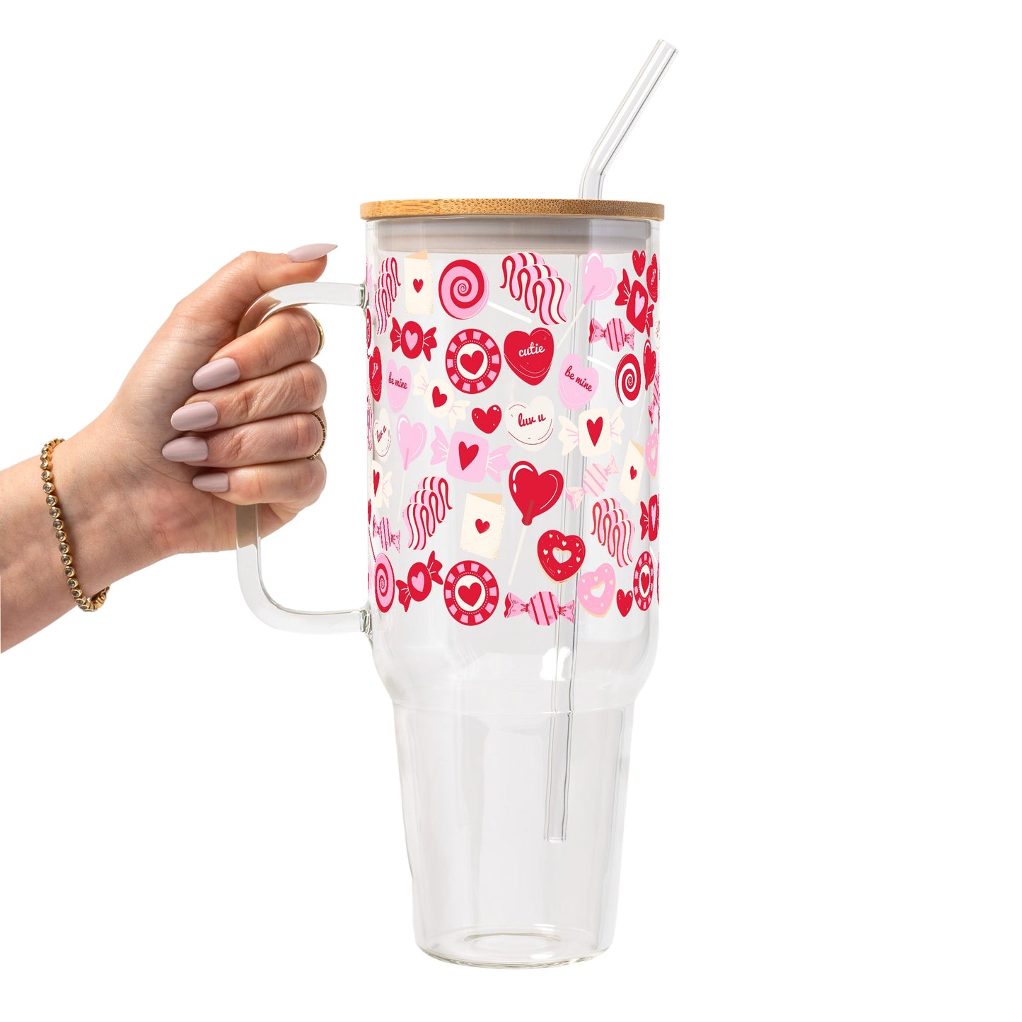 Valentine's Day Sweets Glass Cup, Mug & Tumbler with Lid and Straw
