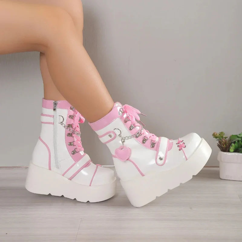 Kawaii White & Pink Platform Boots