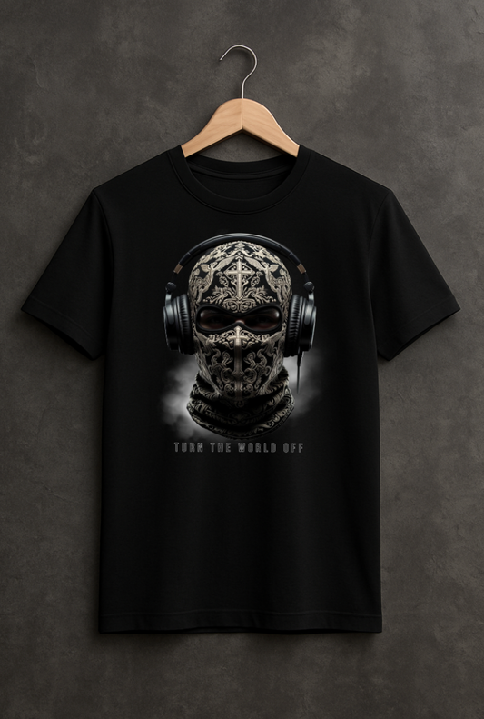 Turn The World Off – Men's Skull Balaclava Headphones Graphic T-Shirt