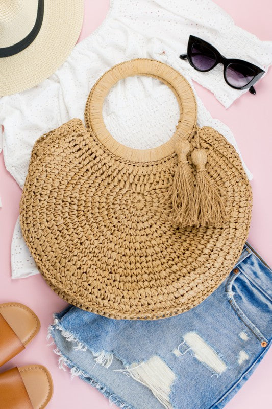Khaki Straw Tassel O-Ring Tote, Second Front View
