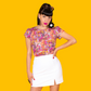Groovy Mushroom Print Cropped Tulip Sleeve in Sunset