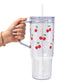 Red Cherries Pink Hearts Glass Cup, Mug & Tumbler with Lid and Straw