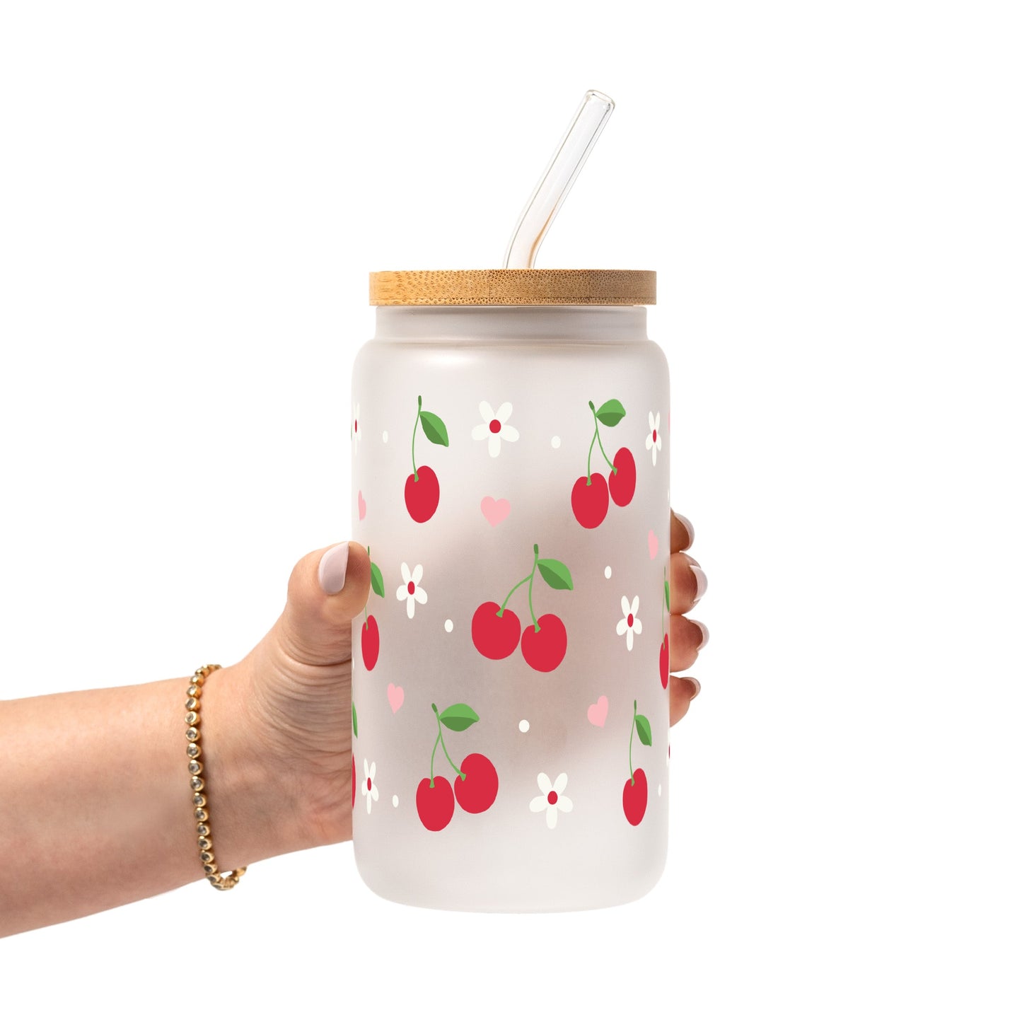 Red Cherries Pink Hearts Glass Cup, Mug & Tumbler with Lid and Straw