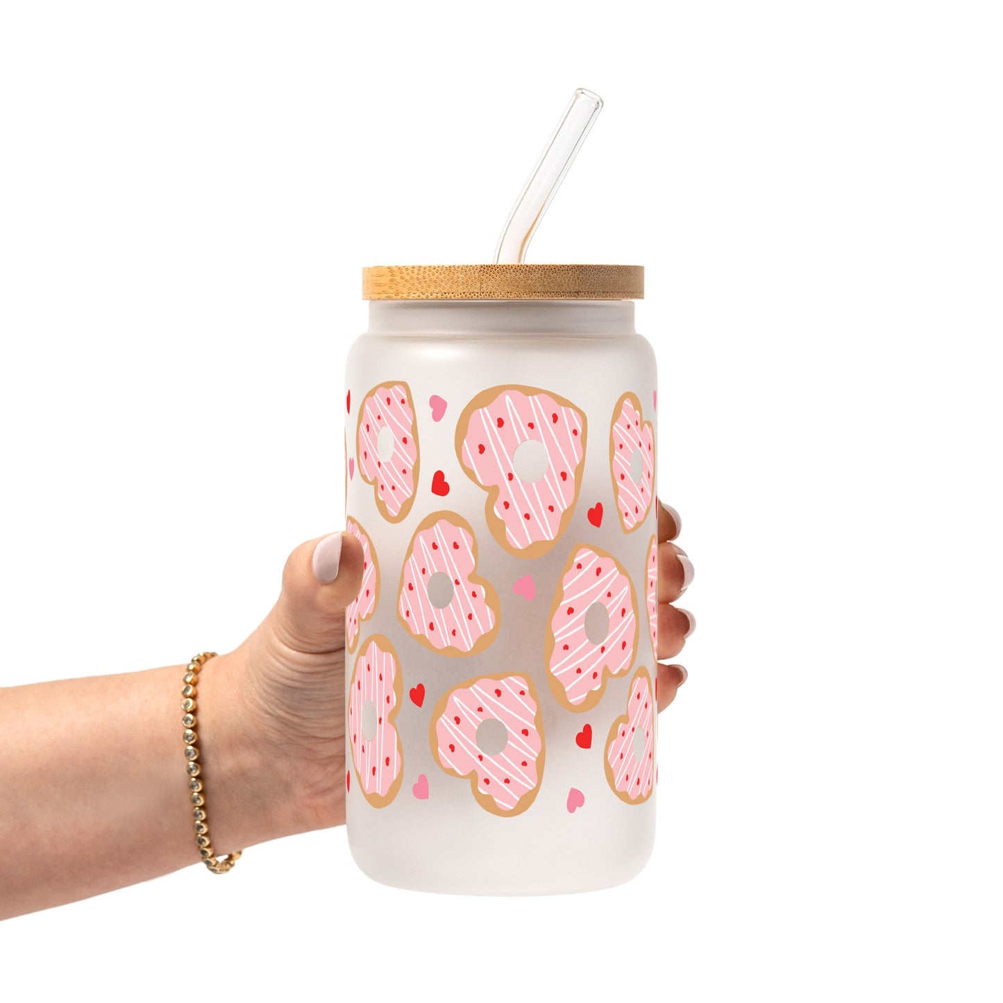 Valentine Donut Hearts Glass Cup, Mug & Tumbler with Lid and Straw
