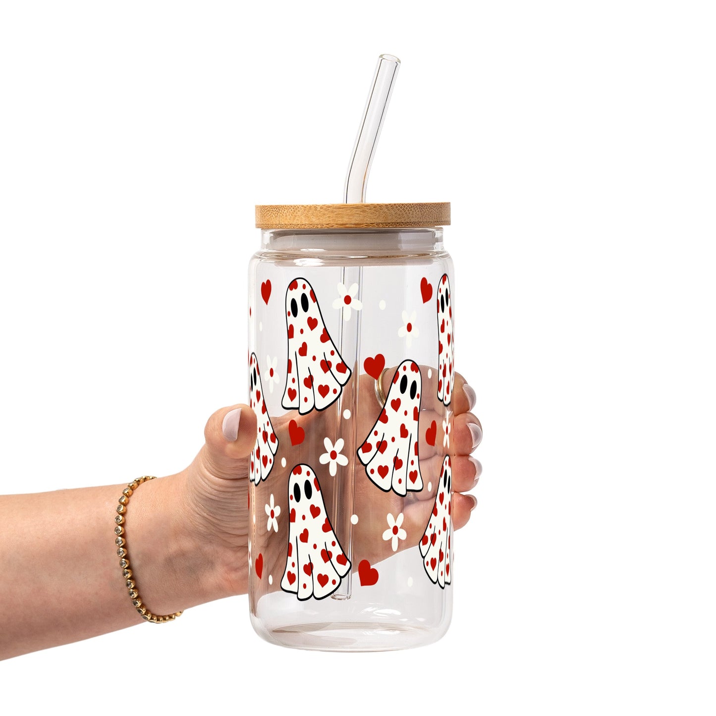 Pink Hearts Valentine Glass Cup, Mug & Tumbler with Lid and Straw