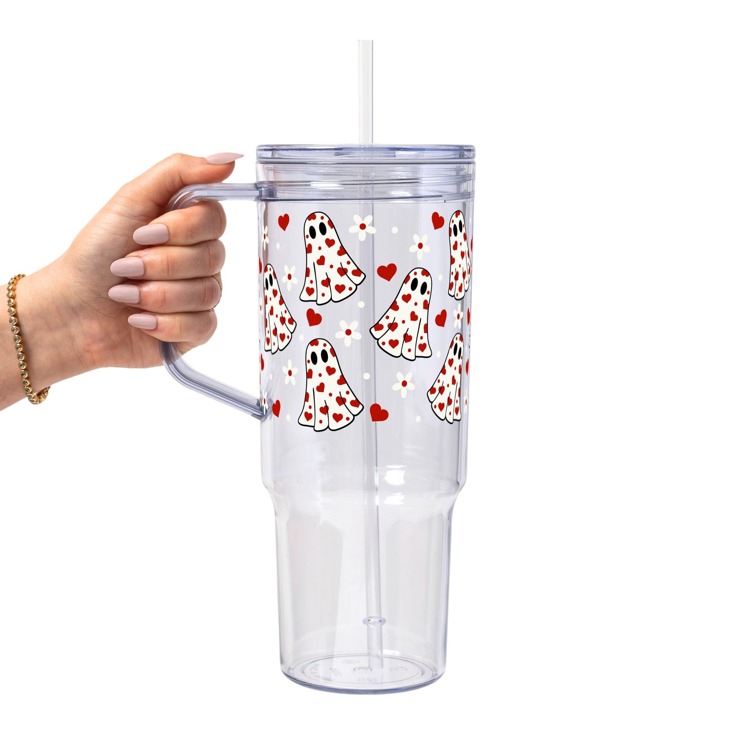 Pink Hearts Valentine Glass Cup, Mug & Tumbler with Lid and Straw