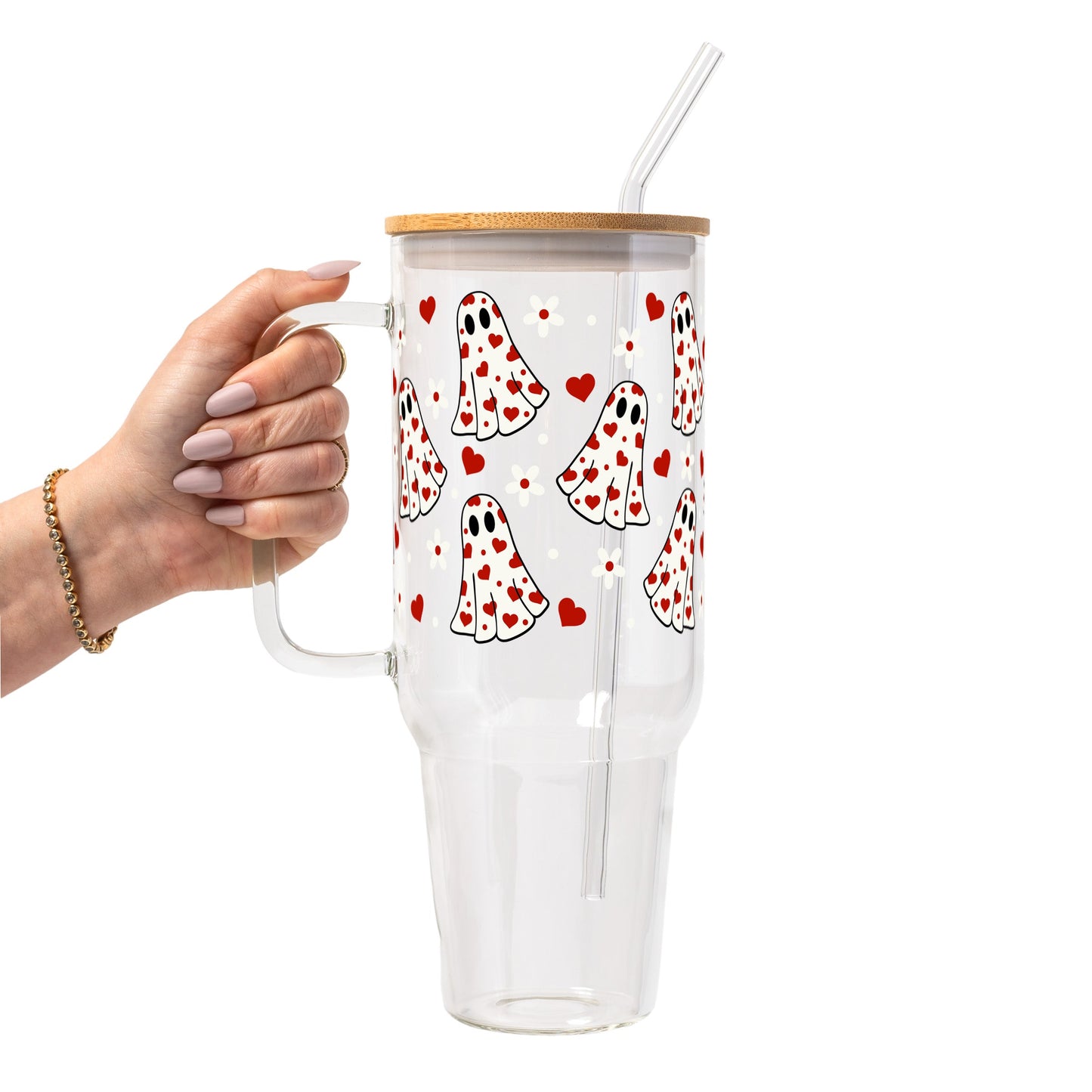 Pink Hearts Valentine Glass Cup, Mug & Tumbler with Lid and Straw