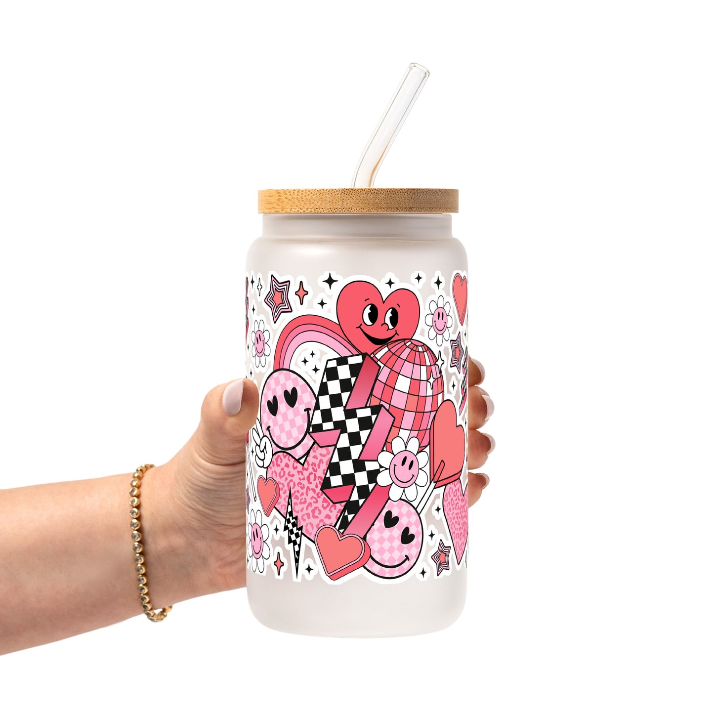 Retro Valentine Smiley Heart Glass Cup, Mug & Tumbler with Lid and Straw