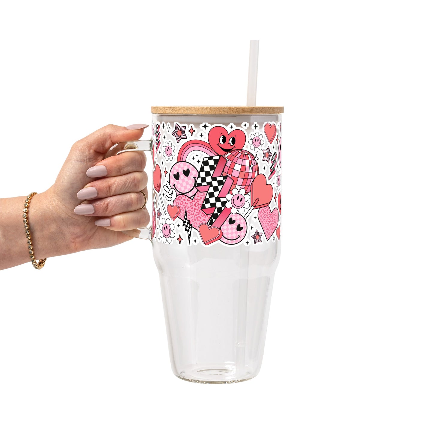 Retro Valentine Smiley Heart Glass Cup, Mug & Tumbler with Lid and Straw