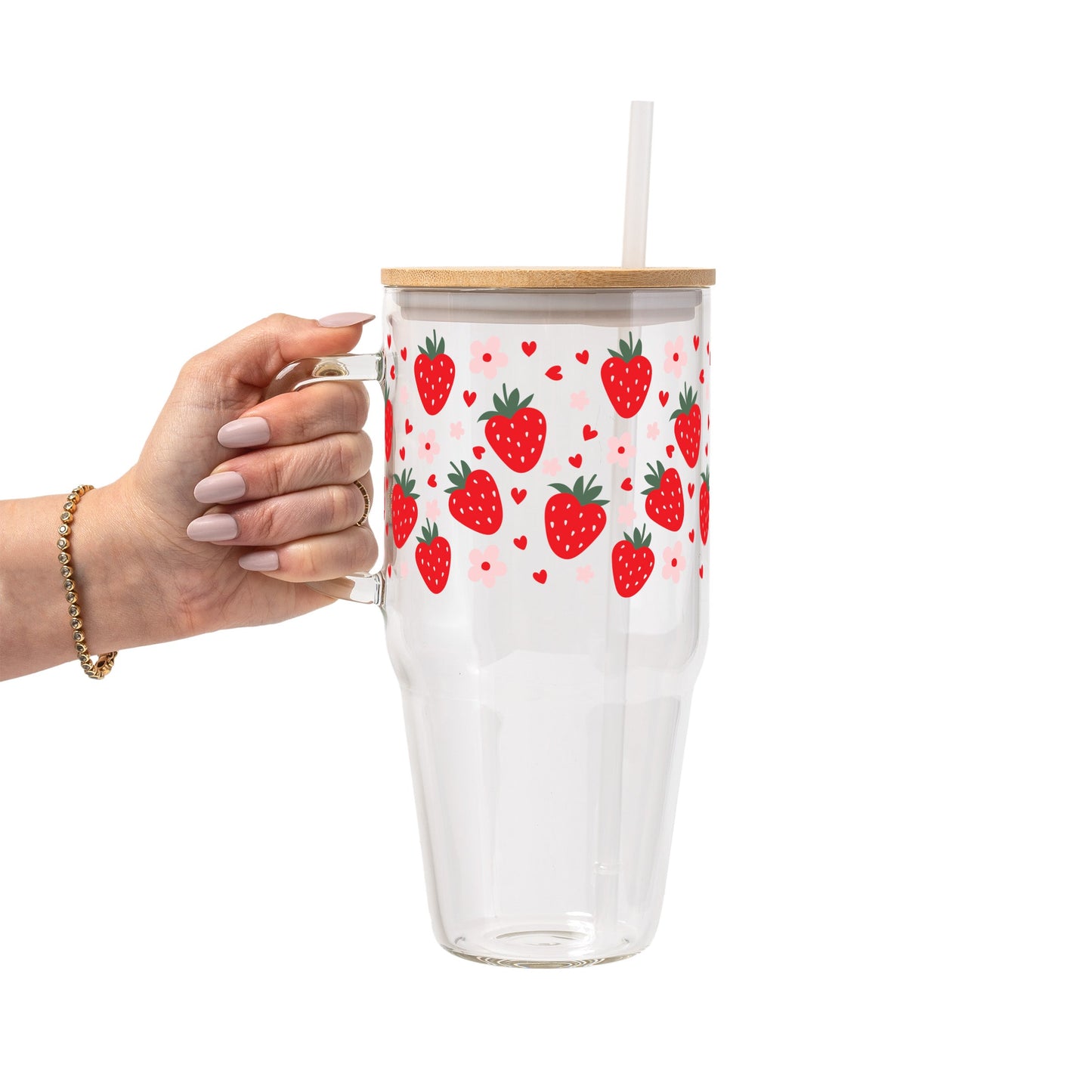 Strawberry Floral Glass Cup, Mug & Tumbler with Lid and Straw