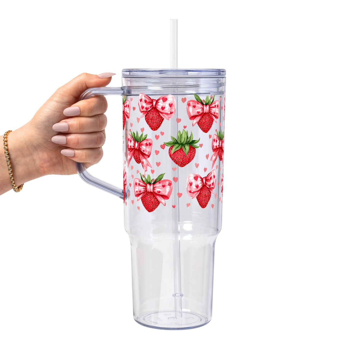 Valentine's Day Strawberry Bows Glass Cup, Mug & Tumbler with Lid and Straw