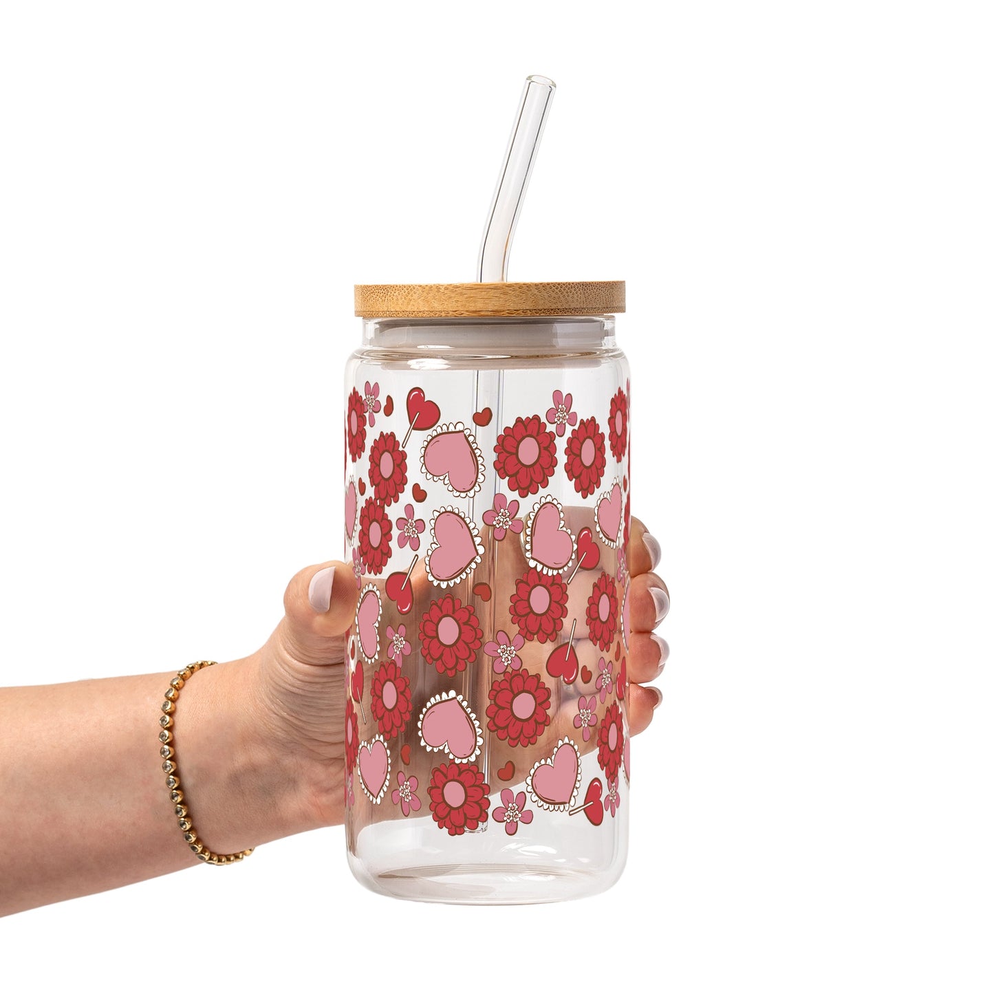 Valentine's Day Flowers And Candy Glass Cup, Mug & Tumbler with Lid and Straw