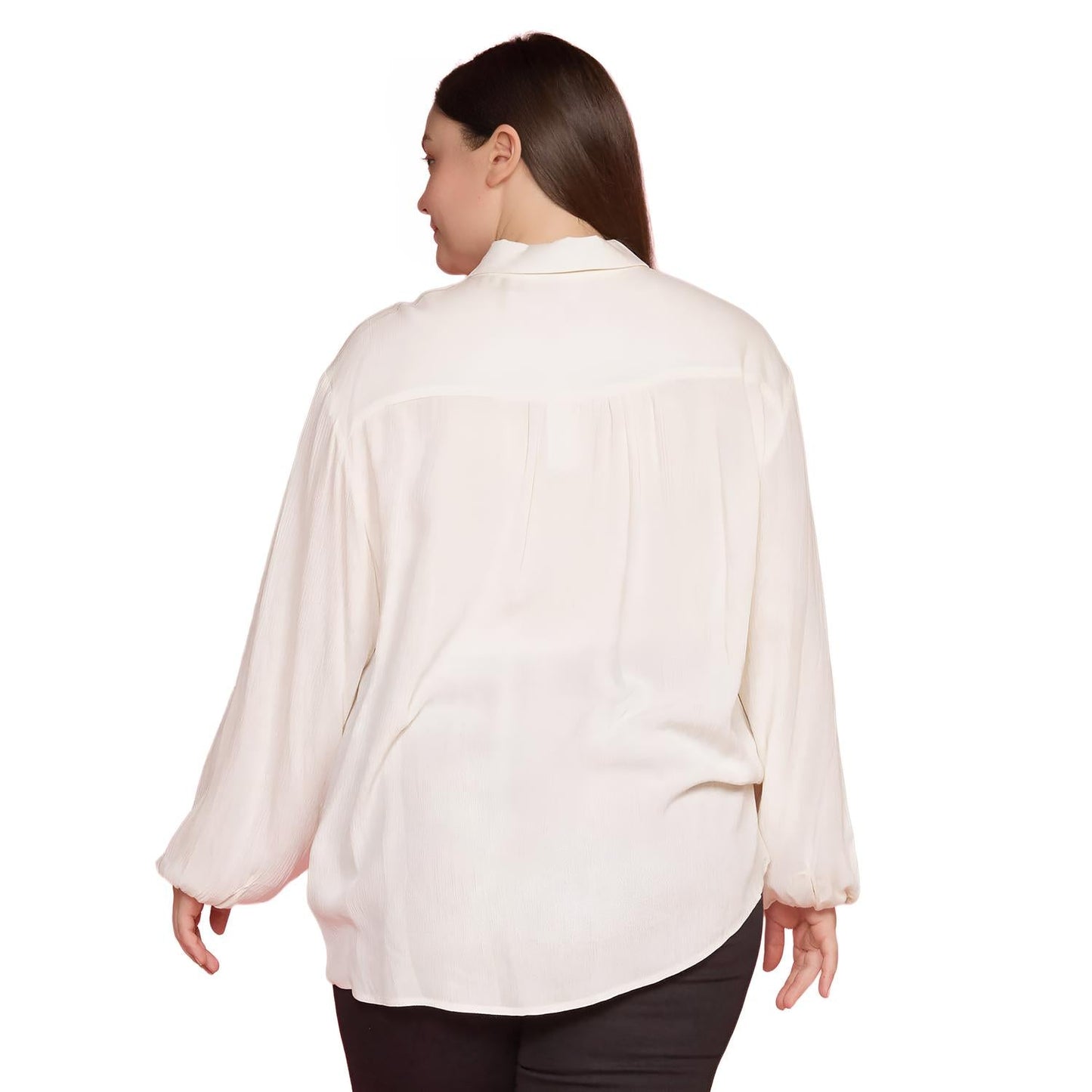 Pleione Plus Size Pleated Tie Hem Button Down Blouse in Ivory - shopatkonus
