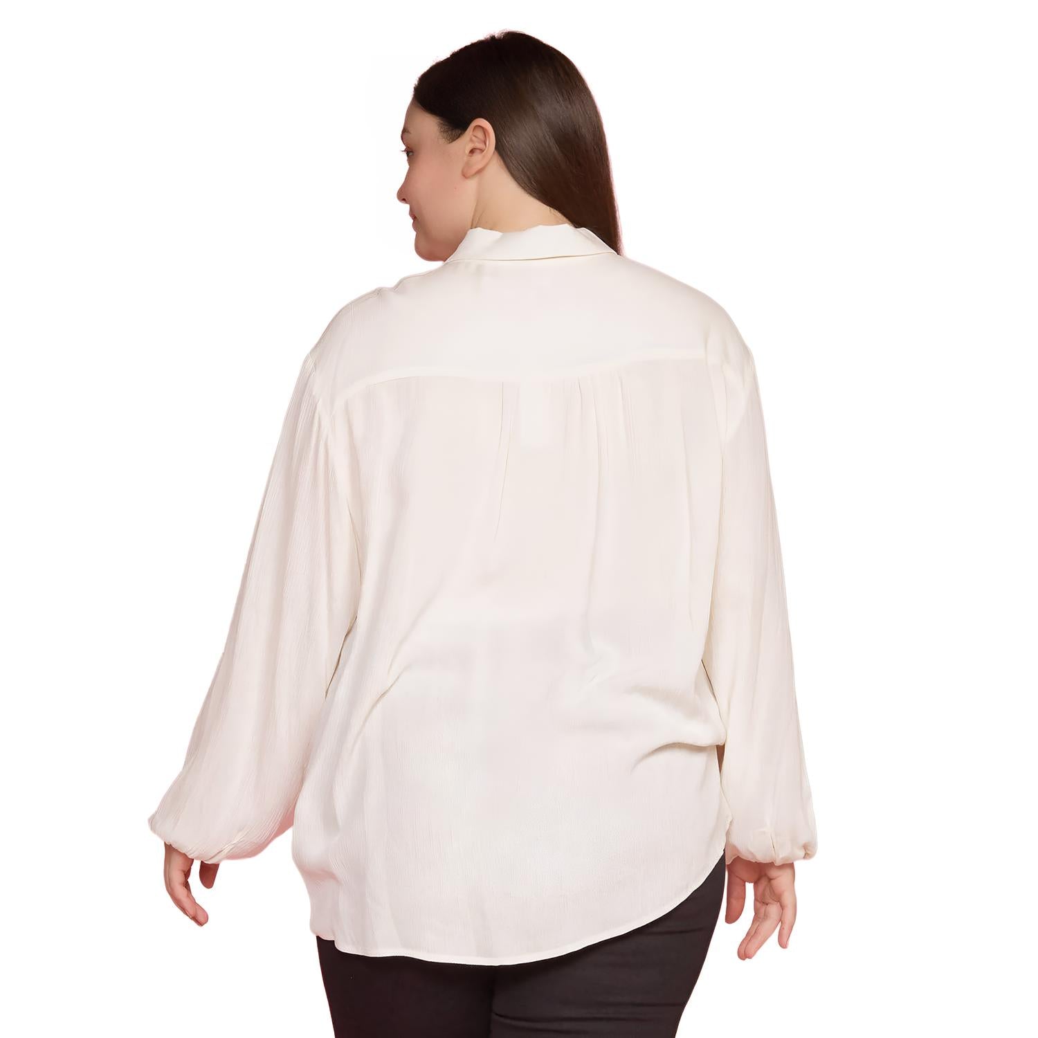 Pleione Plus Size Pleated Tie Hem Button Down Blouse in Ivory - shopatkonus