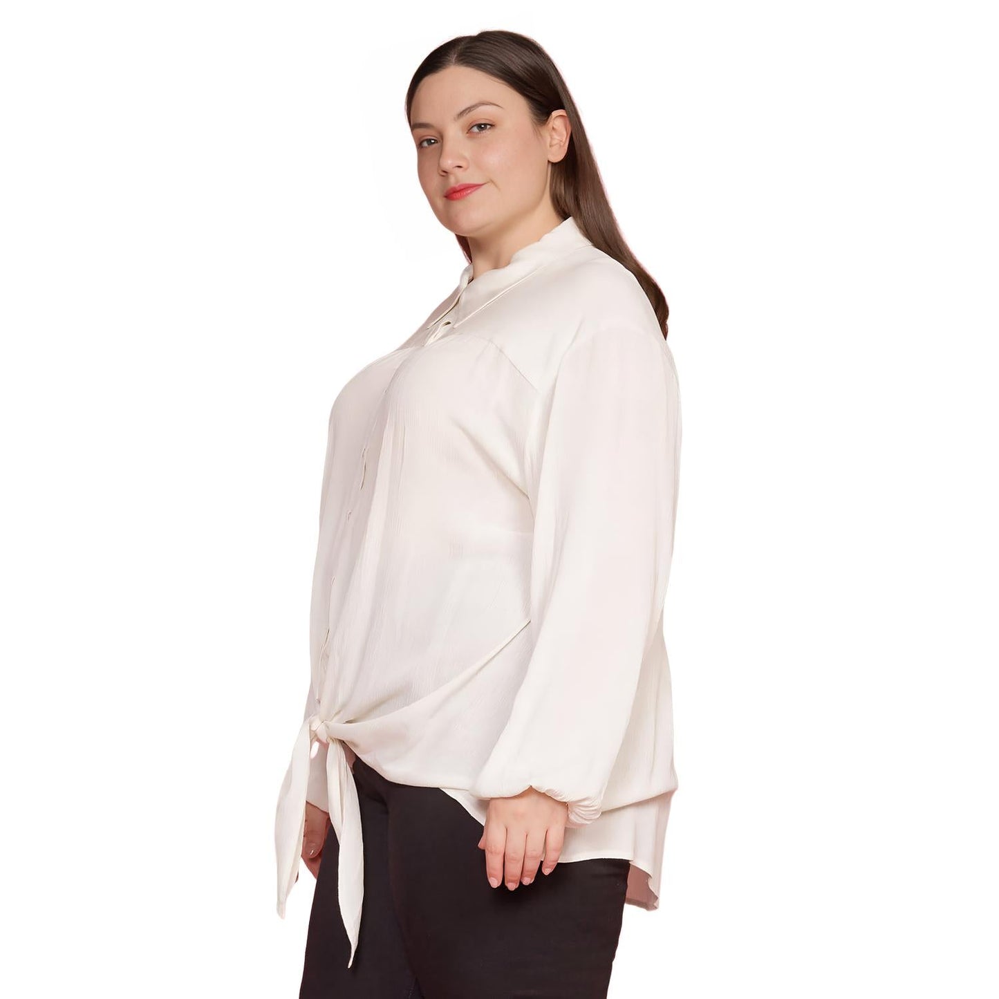 Pleione Plus Size Pleated Tie Hem Button Down Blouse in Ivory - shopatkonus