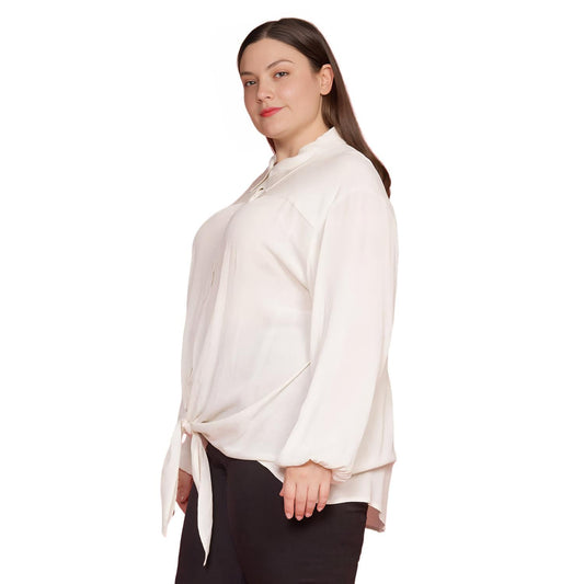 Pleione Plus Size Pleated Tie Hem Button Down Blouse in Ivory - shopatkonus