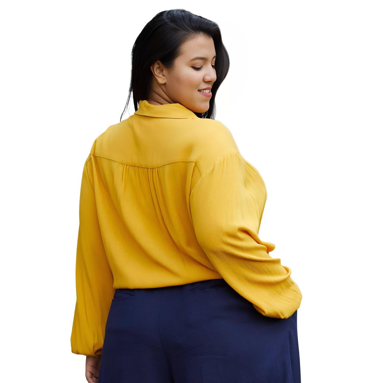 Pleione Plus Size Pleated Tie Hem Button Down Blouse In Mustard - shopatkonus