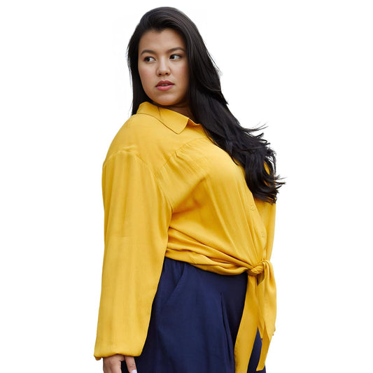 Pleione Plus Size Pleated Tie Hem Button Down Blouse In Mustard - shopatkonus