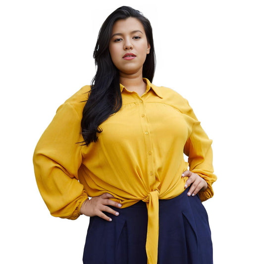 Pleione Plus Size Pleated Tie Hem Button Down Blouse In Mustard - shopatkonus