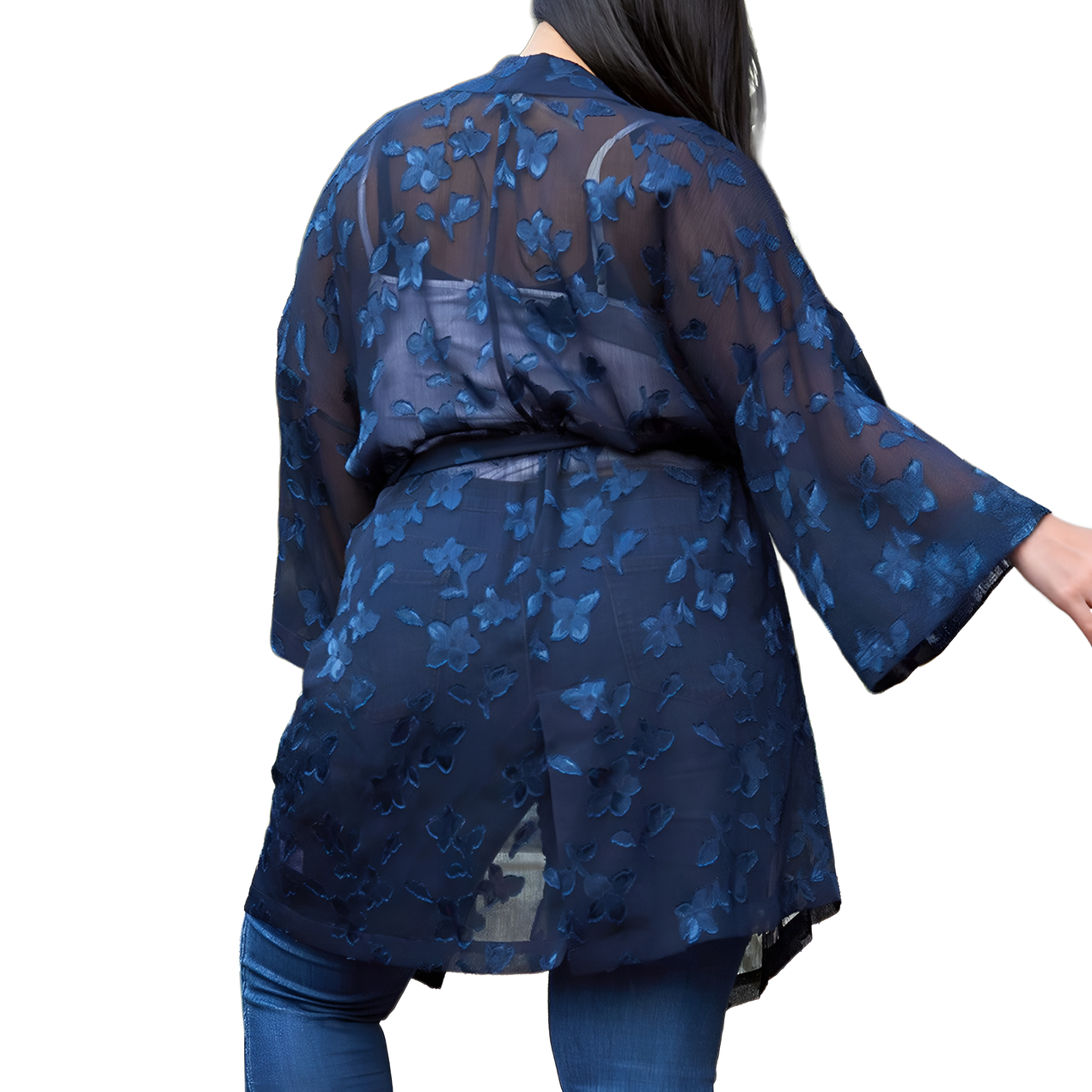 Plus Size Sheer Floral Embossed Robe Cardigan - shopatkonus