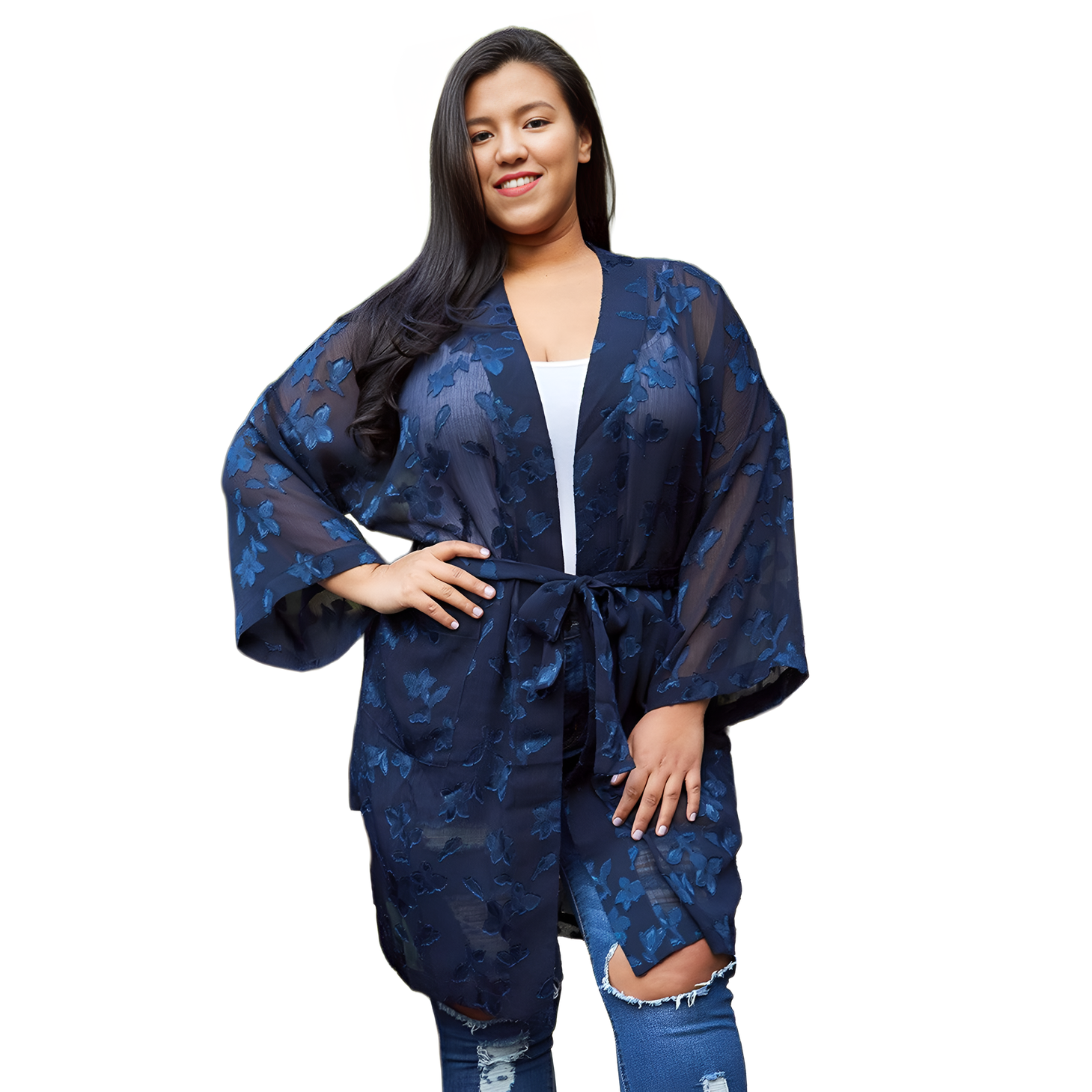 Plus Size Sheer Floral Embossed Robe Cardigan - shopatkonus