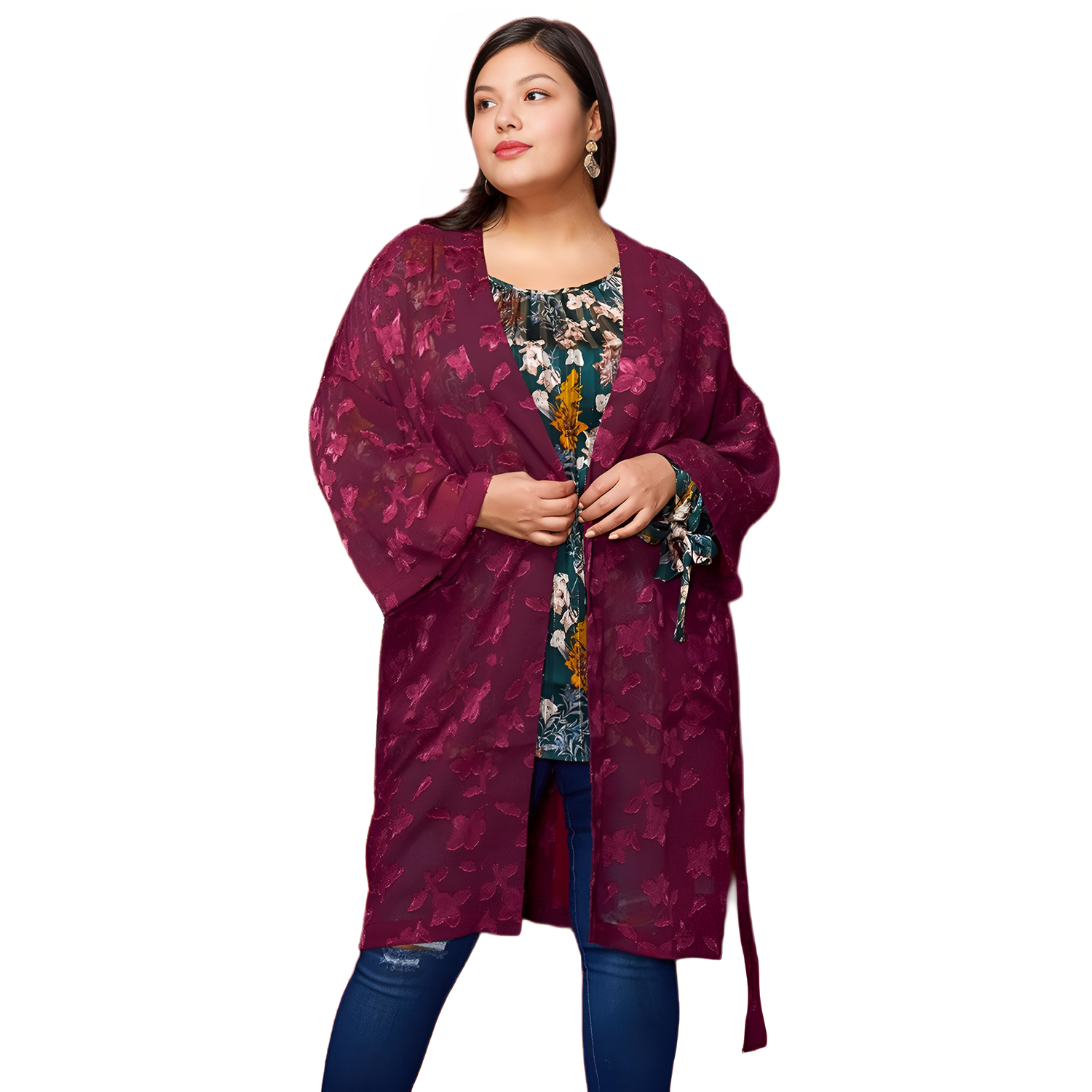 Plus Size Sheer Floral Embossed Robe Cardigan - shopatkonus