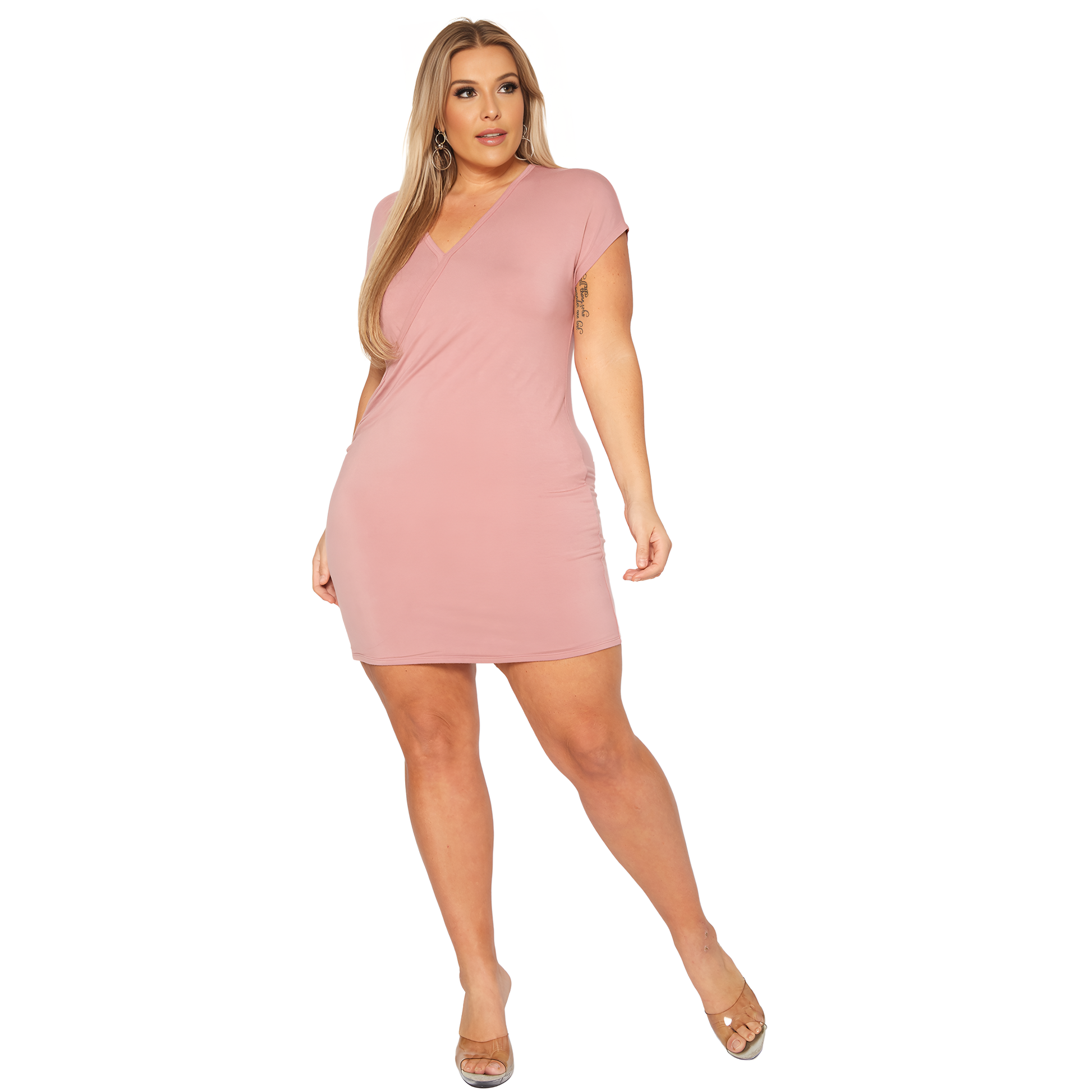 Plus Women's Basic V-Neck Mini Wrap Dress - shopatkonus