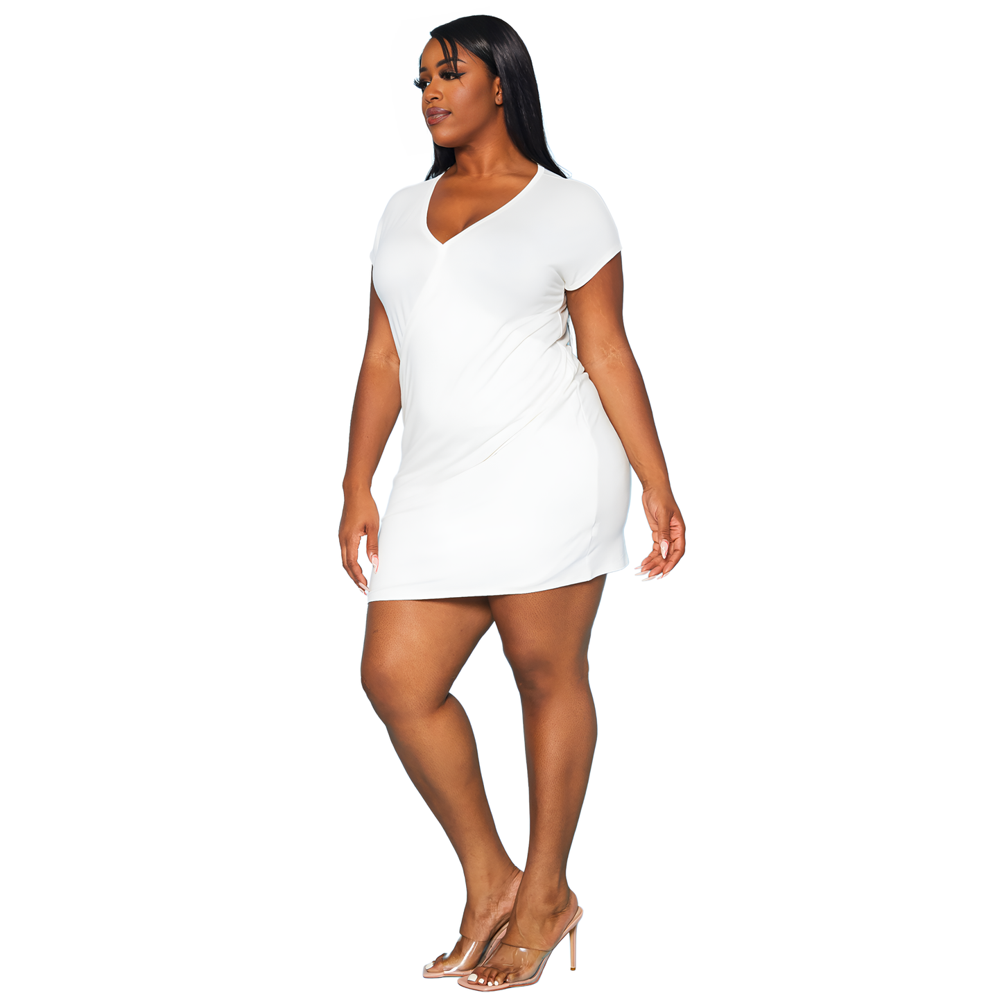 Plus Women's Basic V-Neck Mini Wrap Dress - shopatkonus