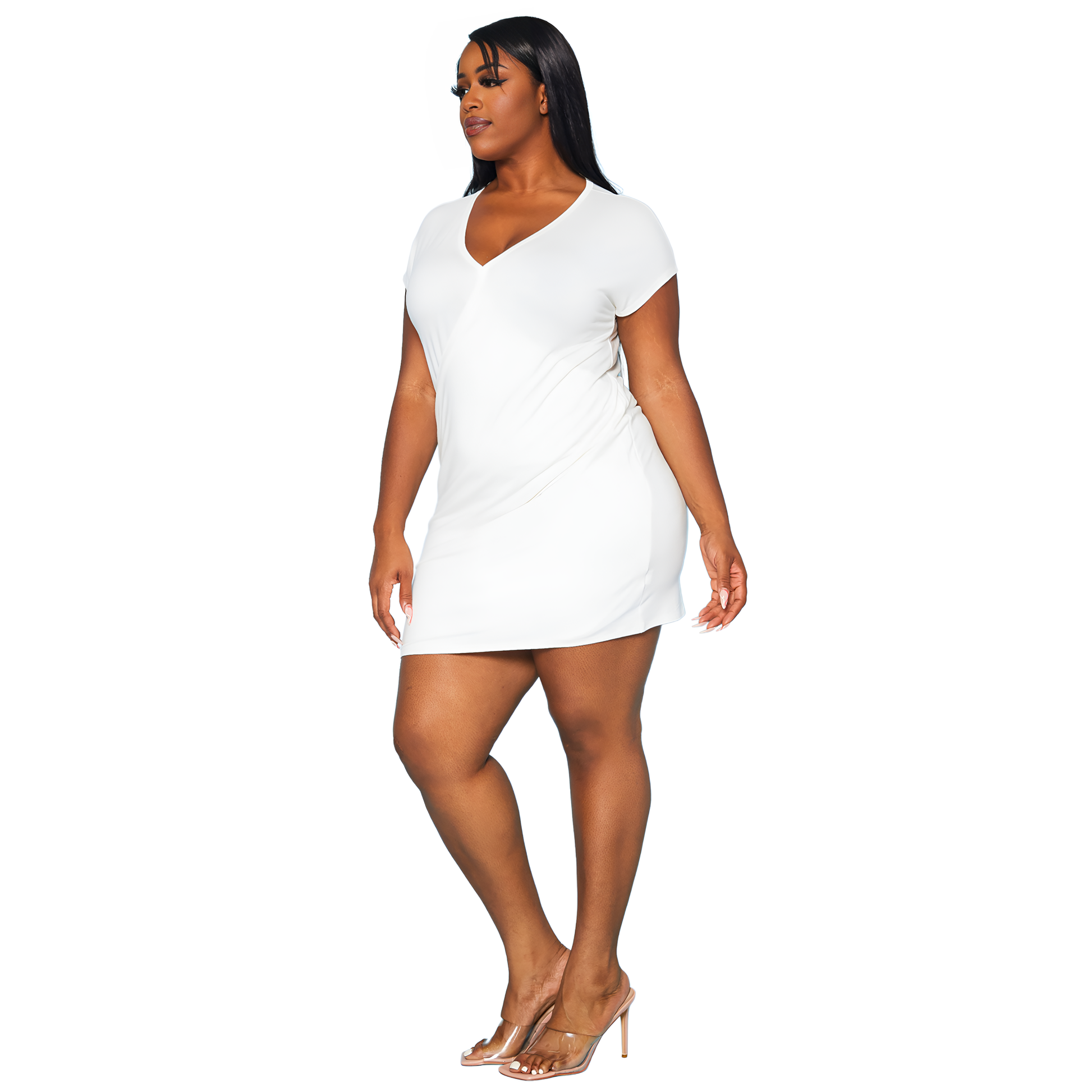 Plus Women's Basic V-Neck Mini Wrap Dress - shopatkonus