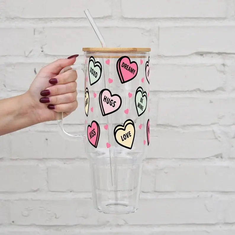 Valentines Day Candy Hearts Glass Cup, Mug & Tumbler with Lid and Straw