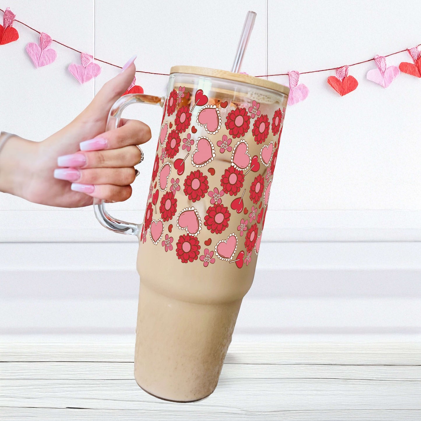 Valentine's Day Flowers And Candy Glass Cup, Mug & Tumbler with Lid and Straw