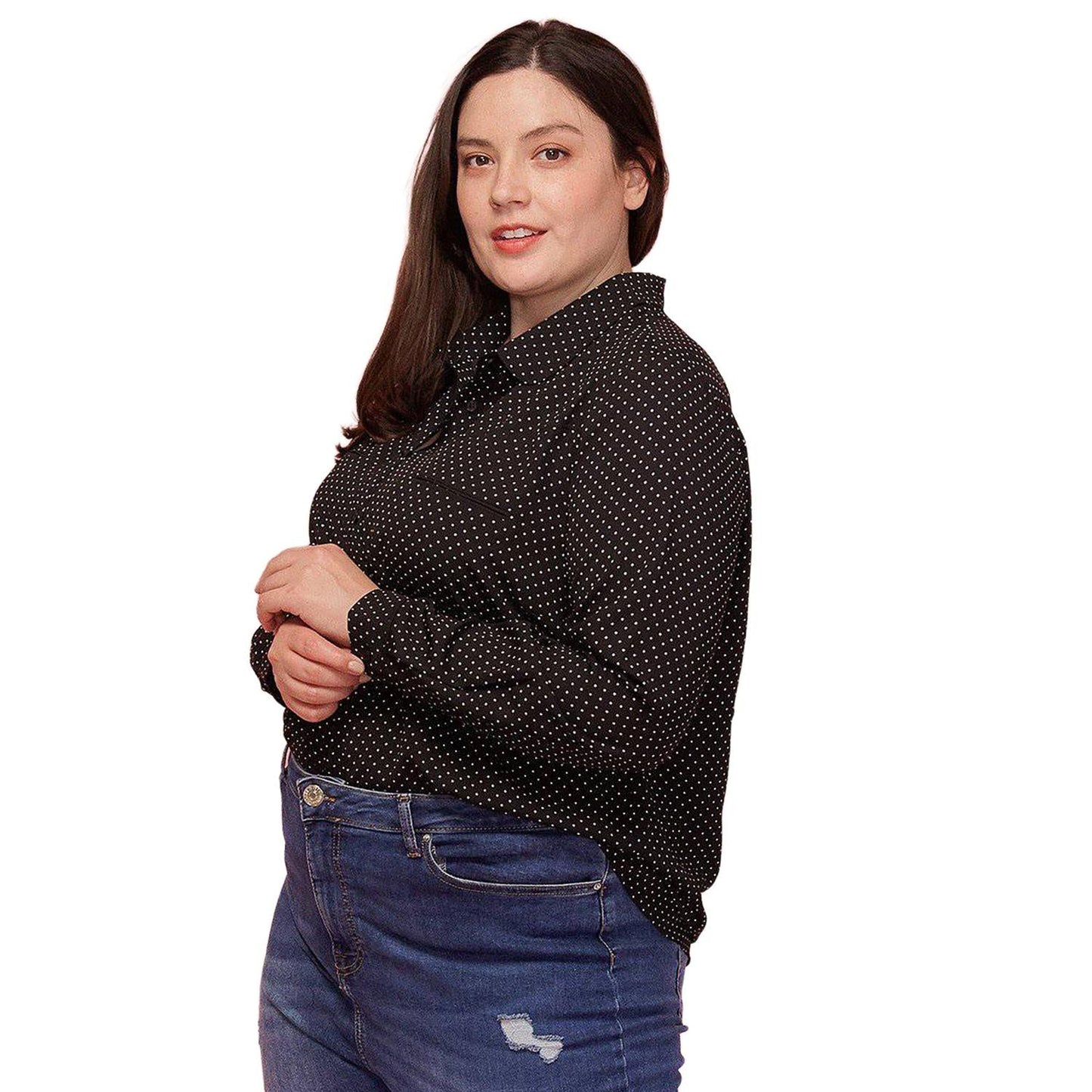 Pleione Plus Size Polka Dot Shirt Blouse in Black - shopatkonus