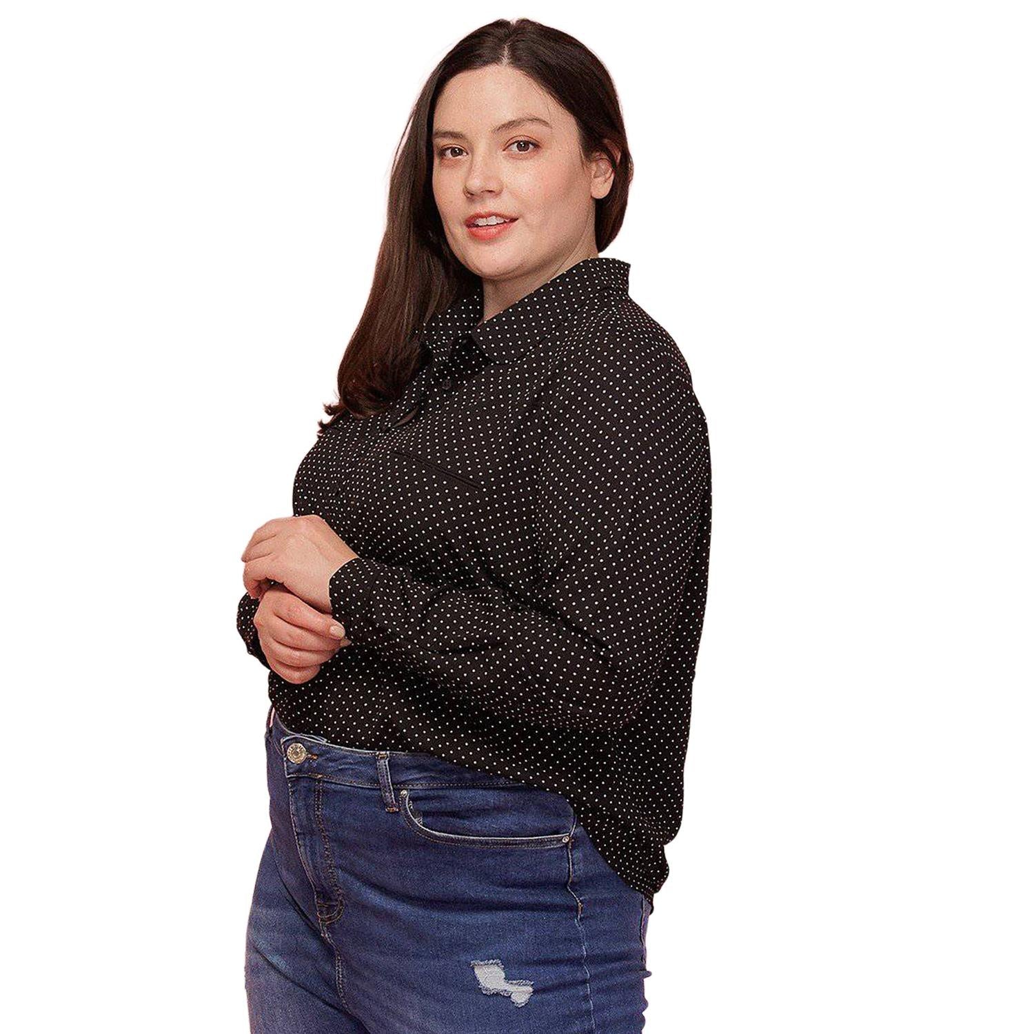 Pleione Plus Size Polka Dot Shirt Blouse in Black - shopatkonus