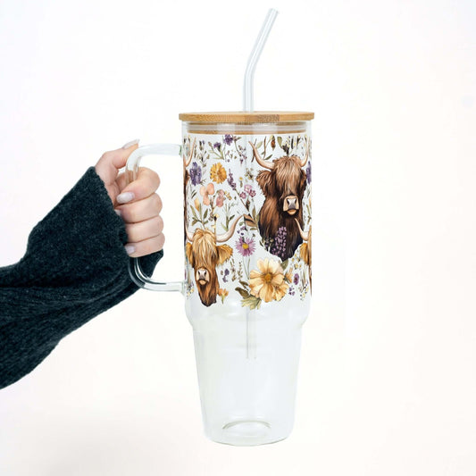 Wildflower Highland Cow Tumbler With Handle Lid and Straw